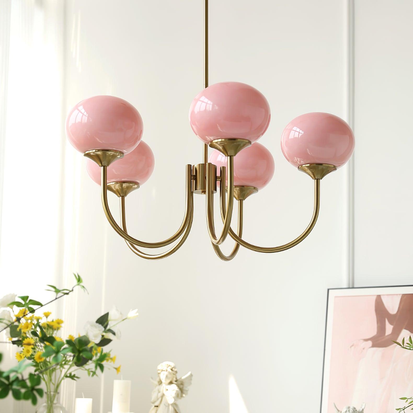 Marshmallow Kronleuchter mit Metallakzenten und Glasschalen, höhenverstellbar für Esszimmer, Wohnzimmer oder Eingangsbereich.